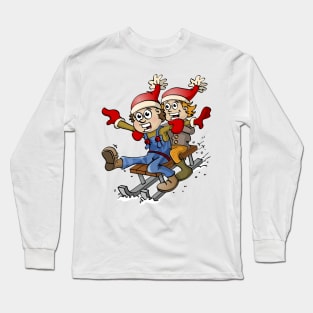 Winter illustration - A boy and a girl playing in the snow on a sledge Long Sleeve T-Shirt